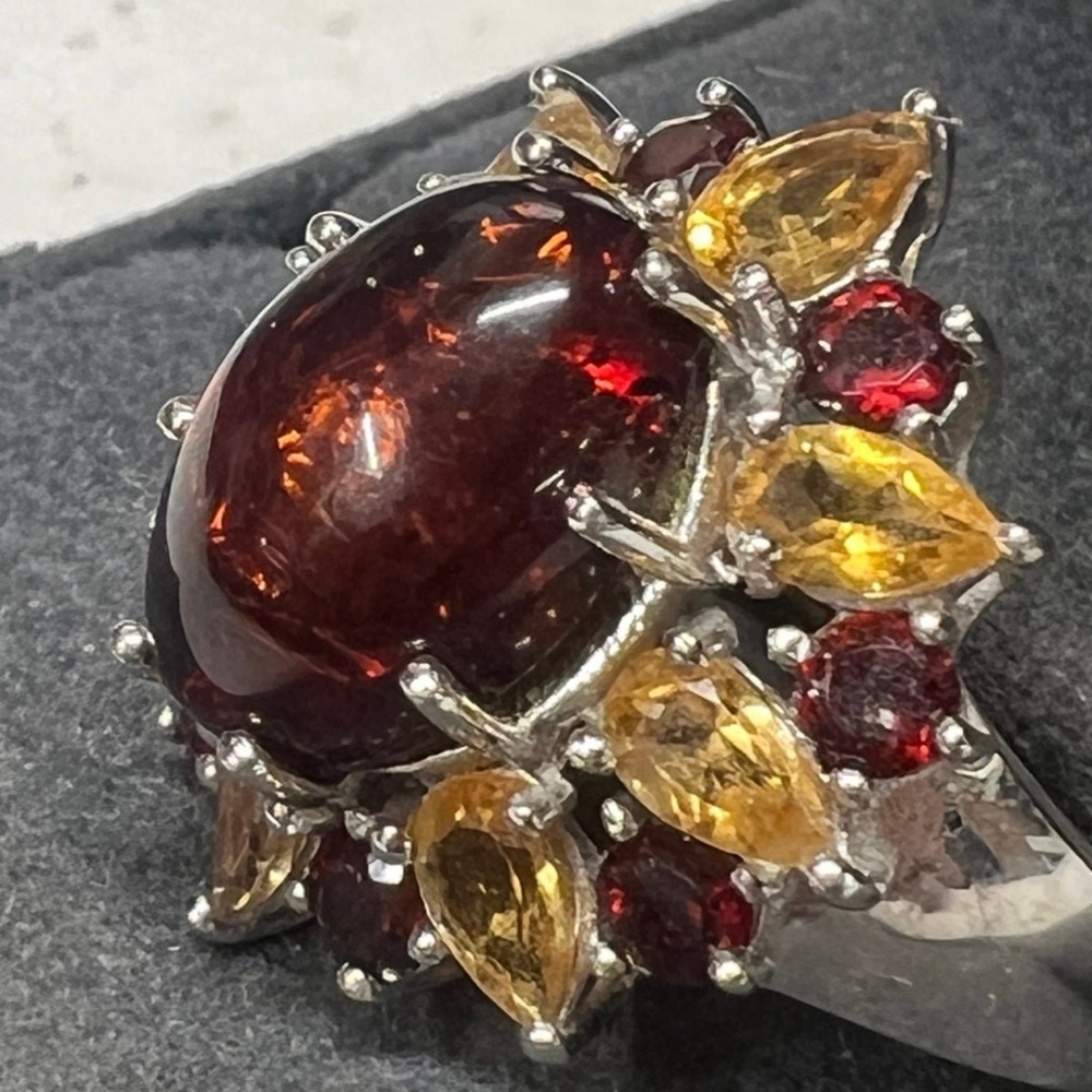 Vintage Baltic Amber Citrine & Garnet Sterling Silver Cocktail Ring - Picture 10 of 15